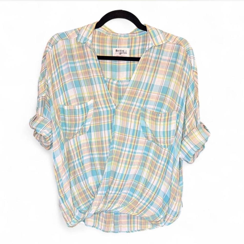 HOLDING HORSES Women's Pastel Plaid Button Down Shirt